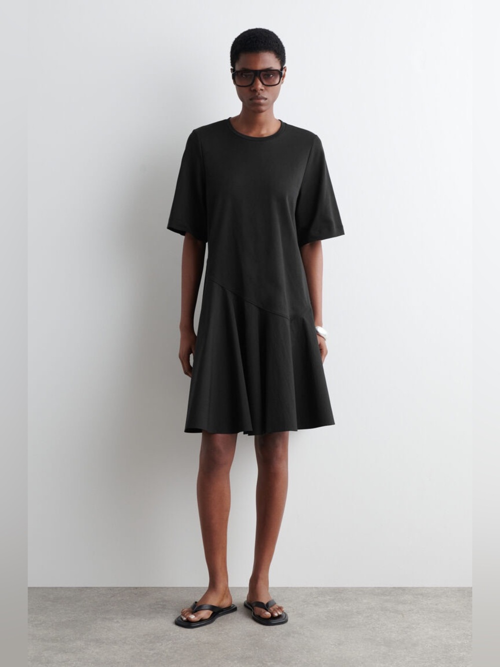 COS Asymmetric Mini T Shirt Dress Size M Black Mixed Media Minimalist Oversized - Picture 2 of 15